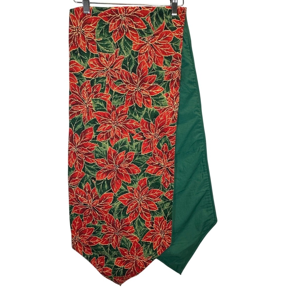 Vintage Christmas Poinsettia Tapestry Table Runner Red Green Floral